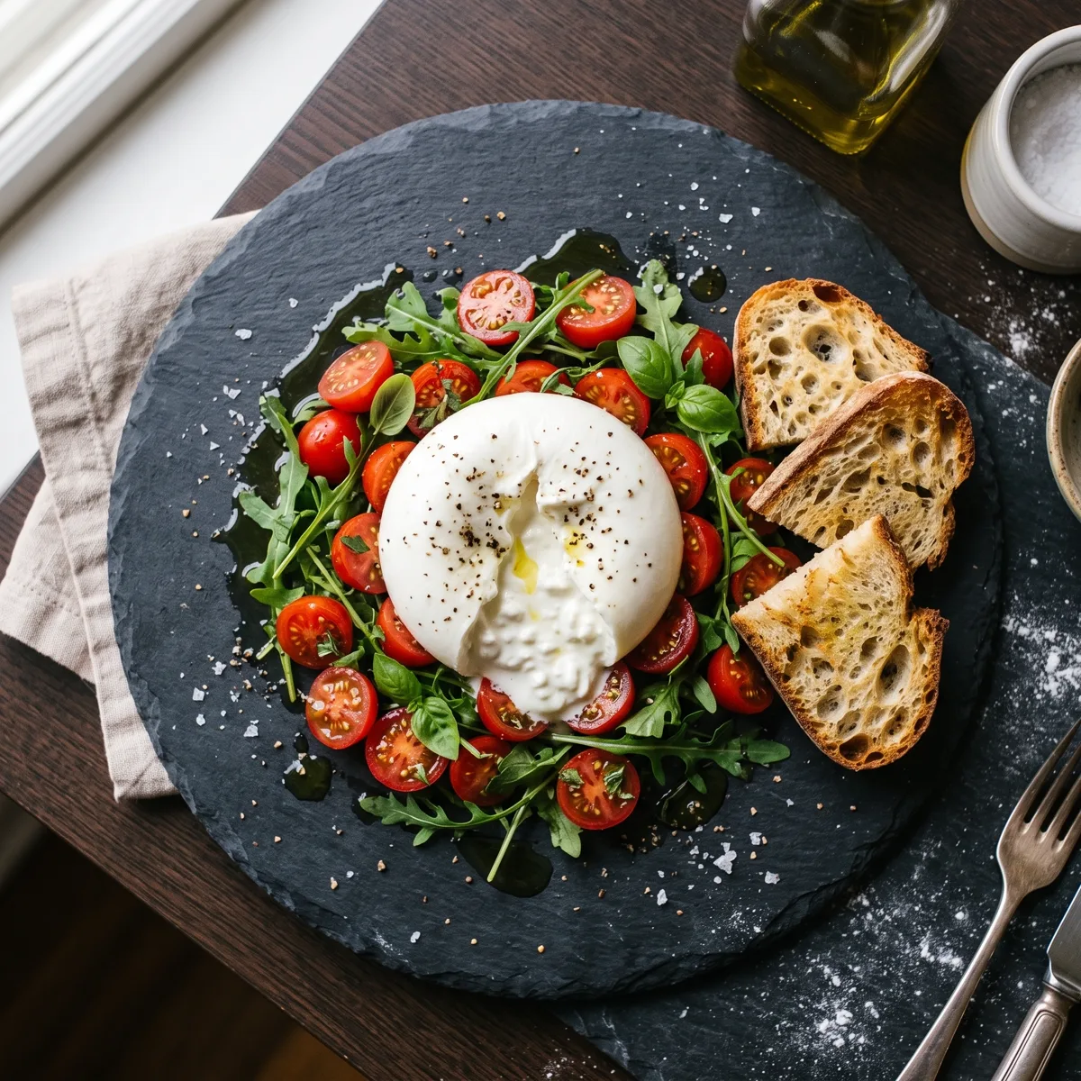 Burrata di Puglia fresca sobre pizza bianca en Peppe Pizza, Nerja