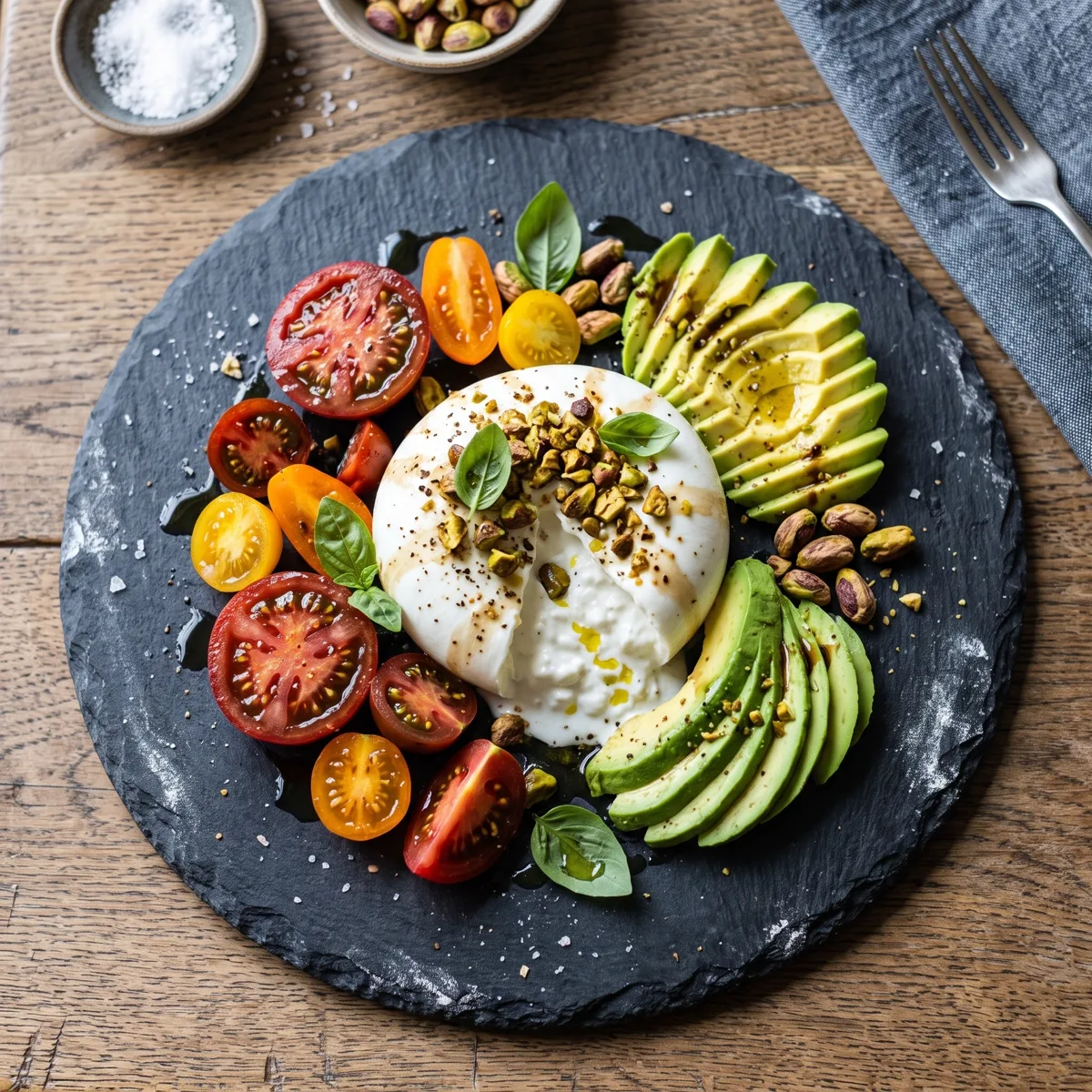 Burrata Pistacchio con tomate de la Axarquía, aguacate y pistachos tostados en Peppe Pizza, Nerja