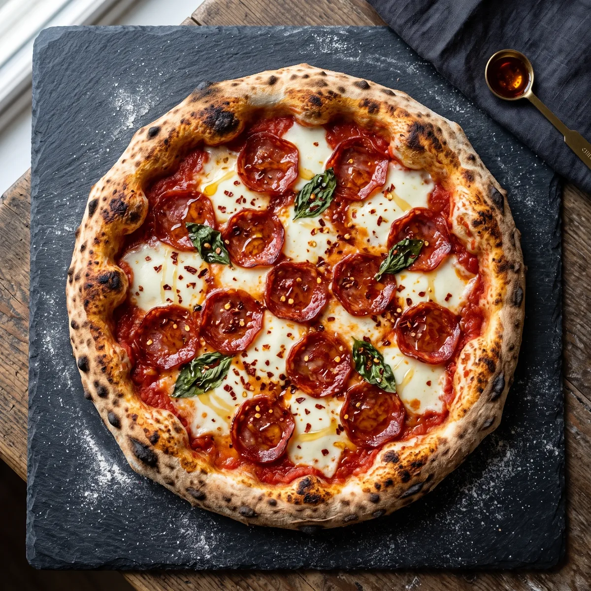 Pizza Diavola con salami picante napolitano recién salida del horno de leña