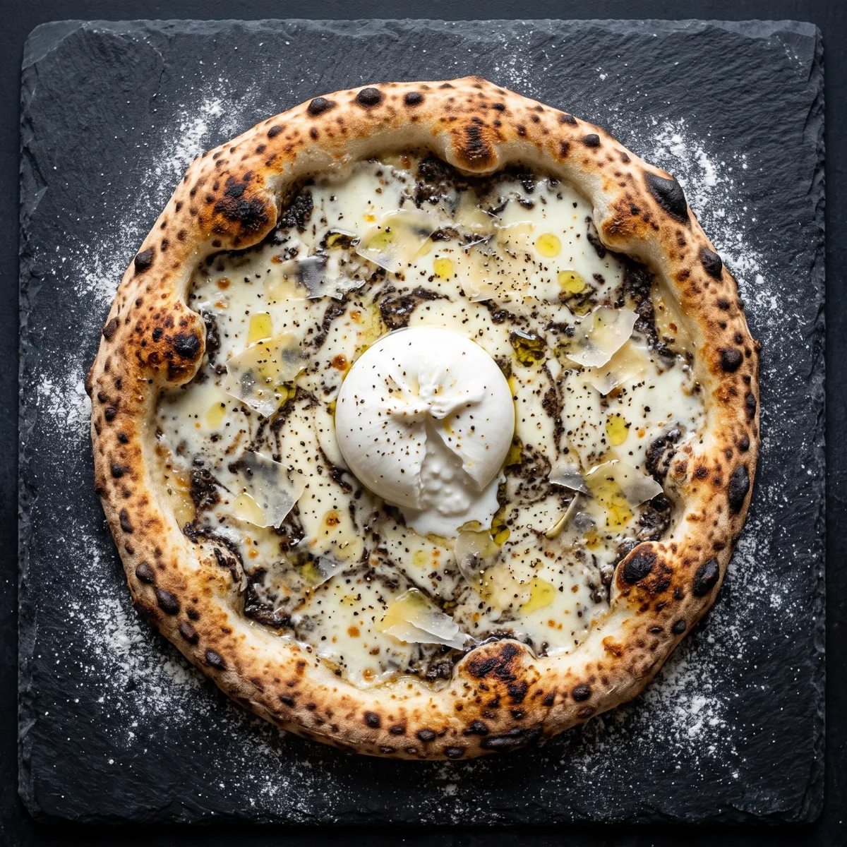 Pizza Vaya Trufa con crema de trufa, burrata y parmesano en Peppe Pizza, Nerja