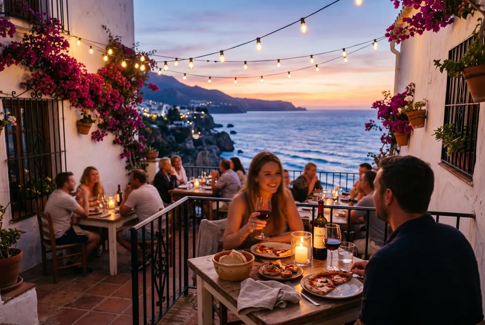 Terraza rooftop de Peppe Pizza en Nerja al atardecer, donde se sirven los cócteles